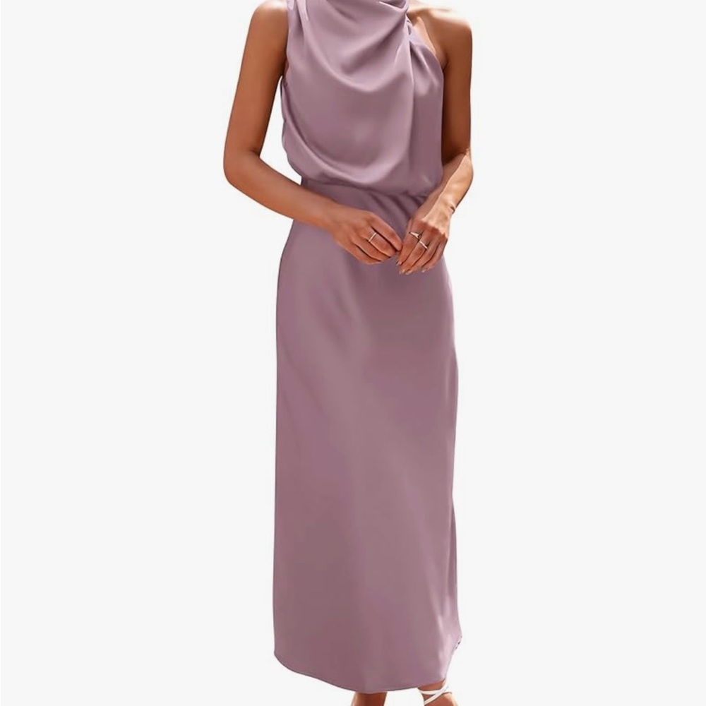 Elegant Satin Mauve Mock Neck Cocktail Party Sleeveless Summer Maxi Dress